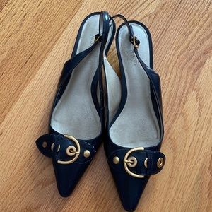 Talbots blue kitten heels with gold buckle (note accent ring missing - see photo